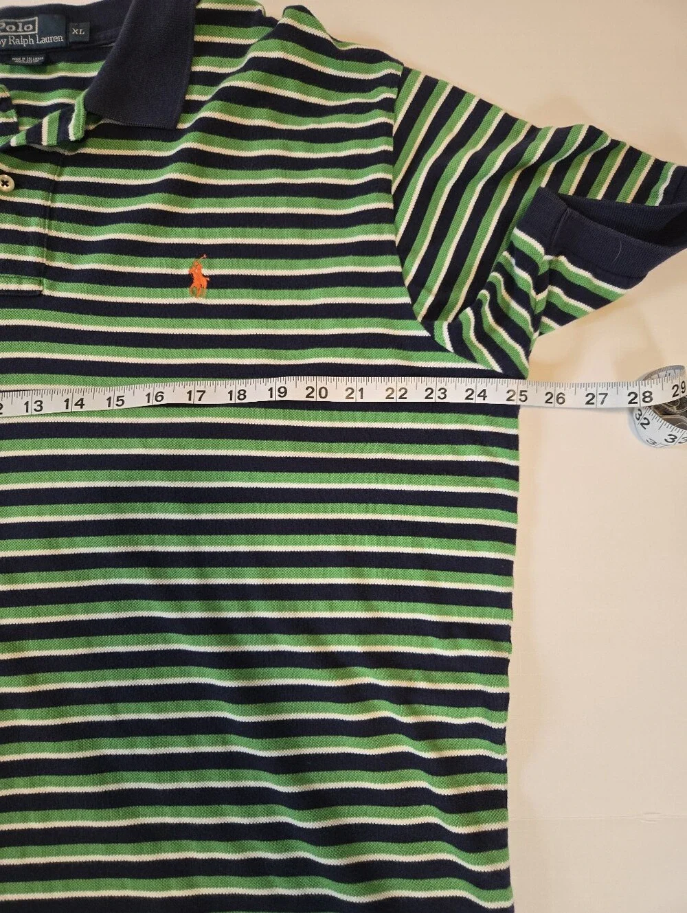 Vintage Polo Green & Navy w/ Orange Logo Striped Men's XL Polo Shirt